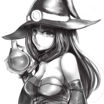 1girl at2. bare_shoulders blunt_bangs breasts cleavage closed_mouth detached_sleeves expressionless greyscale hat large_breasts long_hair looking_at_viewer minecraft mob_talker monochrome potion solo witch witch_(minecraft) witch_hat