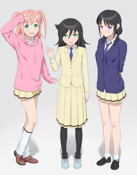 Rule 34 | 3girls, absurdres, arm at side, arm up, arms behind back, bags under eyes, black hair, black pantyhose, black shoes, blazer, blue cardigan, breasts, brown shoes, buttons, cardigan, closed mouth, collared shirt, commentary, green eyes, grey background, hair between eyes, hand up, happy, highres, hood, hood down, hoodie, ichikawa masahiro, jacket, kuroki tomoko, loafers, long hair, long skirt, long sleeves, looking at viewer, loose socks, low twintails, miniskirt, multiple girls, necktie, nemoto hina, open mouth, paid reward available, pantyhose, pink hair, pink hoodie, pleated skirt, purple eyes, purple necktie, school uniform, shirt, shoes, sidelocks, simple background, skirt, small breasts, smile, socks, standing, tamura yuri, twintails, v, watashi ga motenai no wa dou kangaetemo omaera ga warui!, waving, white shirt, white socks, yellow jacket, yellow skirt