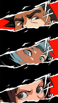 Rule 34 | 1boy, 2girls, ace attorney, blue eyes, blue hair, brown eyes, brown hair, close-up, column lineup, cut-in, dick gumshoe, eye focus, franziska von karma, highres, multiple girls, parody, pearl fey, persona, persona 5, persona eyes, roku (bb8800xx), thick eyebrows