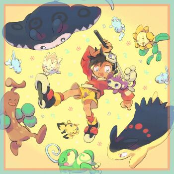 1boy ^_^ absurdres ahoge aipom arm_up arms_behind_head backwards_hat baseball_cap black_hair blue_fur closed_eyes colored_skin cue_stick ethan_(pokemon) fish floating gen_2_pokemon green_skin happy hat highres hood hood_down hoodie long_sleeves looking_at_another makuranagesiyou male_focus manta_ray mantine monkey nintendo on_shoulder open_mouth pichu plant_monster pokemon pokemon_(creature) pokemon_adventures pokemon_focus pokemon_on_shoulder politoed red_eyes red_hoodie remoraid shorts sleeping smile sudowoodo sunflora togepi tongue tongue_out typhlosion u_u white_hood yellow_eyes yellow_fur yellow_shorts