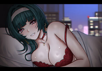 1girl astra_yao bra breasts choker cleavage commentary_request grin hairband highres large_breasts lying mole mole_under_each_eye mole_under_eye multiple_moles on_side red_bra red_choker red_eyes selcky smile solo sweat under_covers underwear white_hairband zenless_zone_zero