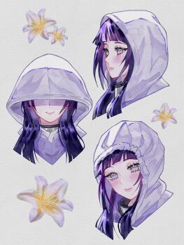 1girl absurdres blush closed_mouth commentary eyelashes flower highres hood hood_up hoodie hyuuga_hinata looking_at_viewer multiple_views naruto_(series) naruto_shippuuden no_pupils purple_eyes purple_hair smile upper_body zimo_on