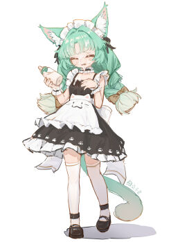 1girl :3 animal_ears apron baby_bottle back_bow black_dress black_shoes blunt_ends blush bottle bow braid breasts cat_ears cat_girl cat_tail chack520 chestnut_mouth chinese_commentary commentary_request detached_collar dress food food_on_face frilled_dress frills green_hair highres holding holding_bottle loli maid_headdress milk original paw_print paw_print_pattern sexually_suggestive shadow shoes simple_background sleeveless sleeveless_dress small_breasts tail thighhighs twin_braids waist_apron white_background white_bow white_thighhighs