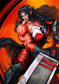 1girl absolute_dc absolute_wonder_woman absurdres alternate_muscle_size arm_tattoo arm_wrap biceps black_hair bracer breasts circlet dc_comics deltoids diana_prince highres holding holding_sword holding_weapon huge_weapon muscular muscular_female pectorals planted planted_sword planted_weapon red_eyes red_tattoo superhero_costume sword tattoo tattoo_sleeve thick_arms thick_thighs thighs tiara triceps virgoart weapon wonder_woman wonder_woman_(series)