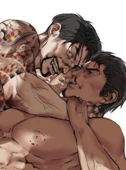 2boys bite_mark bite_mark_on_ear bite_mark_on_pectorals black_hair blood blood_on_face blush eyepatch facial_hair fighting goatee hannya highres holding_another's_wrist irezumi kiryu_kazuma majima_goro male_focus mask multiple_boys noh_mask nosebleed ryuu_ga_gotoku_(series) ryuu_ga_gotoku_1 shoulder_tattoo sideburns sotenborinpc strangling tattoo topless_male
