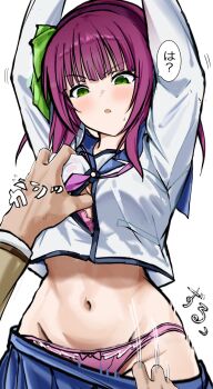 1girl angel_beats! black_hairband blue_skirt blunt_bangs blush bow bra bra_peek breasts clothes_pull from_below frown grabbing_another&#039;s_breast green_bow green_eyes groin groping hair_bow hairband hands_on_own_hips highres long_sleeves looking_at_viewer looking_down medium_breasts medium_hair miniskirt nakamura_yuri navel neckerchief open_mouth panties pink_bra pink_neckerchief pink_panties pleated_skirt pov purple_hair shinda_sekai_sensen_uniform shirt simple_background skirt skirt_pull stomach straight_hair thighs underwear white_background white_shirt wide_hips zenoo