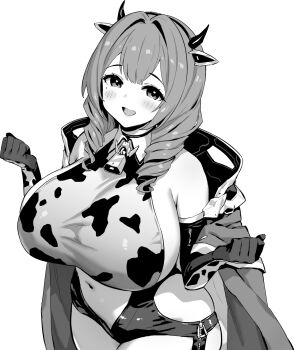 1girl animal_ears animal_print azur_lane azur_lane:_slow_ahead bare_shoulders bell breasts coat commentary_request cow_ears cow_horns cow_print cowbell cowpens_(azur_lane) drill_hair fake_animal_ears fake_horns gloves greyscale hands_up highres hori_(hori_no_su) horns huge_breasts looking_at_viewer medium_hair midriff mole mole_under_eye monochrome neck_bell open_mouth simple_background solo white_background