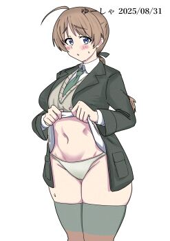 1girl :o black_jacket blue_eyes blush braid embarrassed feet_out_of_frame green_necktie highres jacket long_hair looking_at_viewer lynette_bishop military_uniform navel necktie no_pants panties shirt single_braid solo standing stomach strike_witches striped_clothes striped_thighhighs sweat sweater_vest thighhighs underwear white_background white_panties white_shirt world_witches_series yuusha