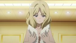 2girls animated anime_screenshot audible_speech back blonde_hair breast_envy breasts brown_hair frenda_seivelun highres interior kinuhata_saiai long_hair looking_at_breasts medium_breasts multiple_girls nude panties sideboob sound toaru_kagaku_no_railgun toaru_majutsu_no_index topless_female towel underwear video white_panties
