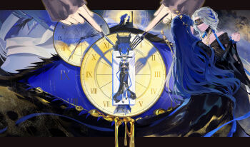 2girls absurdres arcana_(paradise_regained)_(reverse:1999) arcana_(reverse:1999) black_dress black_shoes blindfold blue_hair clock covered_eyes dress face-to-face fork highres holding holding_fork holding_hands holding_knife knife long_hair lying multiple_girls multiple_views official_alternate_costume on_table reverse:1999 roman_numeral shoes table urd_(reverse:1999) very_long_hair walluka wand_in_head