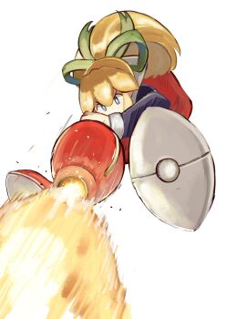 Rule 34 | 1girl, arm cannon, blonde hair, blue eyes, dress, firing, full body, high ponytail, highres, long hair, mega man (classic), mega man (series), midair, ponytail, red dress, roll (mega man), simple background, solo, tikuwabu 33, weapon, white background
