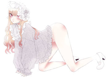 1girl all_fours alternate_costume bare_legs blonde_hair crawling floral_print floral_print_shirt flower flower_on_head frilled_shirt frills fukuda_shinichi grey_shirt high_heels highres kitagawa_marin long_hair long_sleeves multicolored_hair neck_ribbon official_art panties pink_hair puffy_long_sleeves puffy_sleeves red_eyes ribbon rose shirt shoes simple_background sono_bisque_doll_wa_koi_wo_suru third-party_source two-tone_hair underwear white_background white_flower white_panties white_ribbon white_rose white_shoes