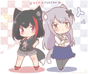 2girls :< animal_ear_fluff animal_ears bang_dream! belt belt_buckle black_belt black_hair black_shirt black_socks blue_shoes blue_skirt blush boots brown_eyes buckle butterfly_hair_ornament cat_ears cat_girl cat_tail character_name checkered_background closed_mouth colored_shadow commentary_request grey_hair grey_pantyhose grey_shorts hair_ornament kemonomimi_mode lightning_bolt_symbol long_sleeves minato_yukina mitake_ran mitarashi_neko multiple_girls off_shoulder outline pantyhose puffy_long_sleeves puffy_sleeves purple_eyes red_boots red_hair shadow shirt shoes short_sleeves shorts skirt socks standing strapless studded_belt tail v-shaped_eyebrows white_outline white_shirt