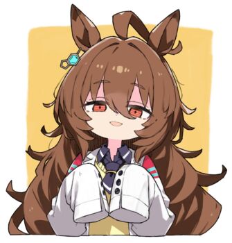1girl agnes_tachyon_(tach-nology)_(umamusume) agnes_tachyon_(umamusume) alternate_hair_length alternate_hairstyle animal_ears brown_hair hair_between_eyes horse_ears horse_girl lab_coat long_hair looking_at_viewer moru_(monaka) open_mouth red_eyes solo umamusume upper_body