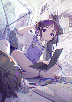 1girl absurdres barefoot book brown_hair commentary_request computer expressionless flat_chest full_body goshichi_shoji headphones highres indian_style indoors laptop looking_at_viewer mannequin ookawa_ina original overalls ponytail purple_eyes short_hair sitting wig