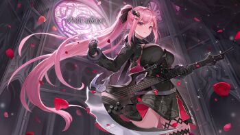 bass_guitar black_gloves breasts gloves hair_ornament hair_ribbon high_ponytail highres holding holding_instrument hololive hololive_english instrument large_breasts long_hair mori_calliope mori_calliope_(grimoire) official_alternate_costume official_alternate_hair_length official_alternate_hairstyle petals pink_hair ponytail red_eyes ribbon rose_petals scythe stained_glass thigh_strap very_long_hair wellsy