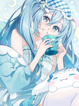 1girl aqua_eyes aqua_hair aqua_nails breasts cinnamoroll cup dress fuwa_fuwa_cinnamoroll hair_between_eyes hair_ornament hatsune_miku highres holding holding_cup light_blush long_hair long_sleeves looking_at_viewer sanrio shiranomaru sleep_mask sleepwear small_breasts smile thighhighs twintails very_long_hair vocaloid white_dress white_thighhighs