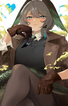 Rule 34 | 1girl, absurdres, alternate costume, arknights, black pantyhose, black ribbon, black shirt, blue eyes, blush, brown coat, brown gloves, brown pantyhose, closed mouth, coat, commentary request, crossed legs, earrings, gloves, grey hair, head wings, heart, highres, ho'olheyak (arknights), jewelry, long sleeves, looking at viewer, medium hair, neck ribbon, open clothes, open coat, pantyhose, ribbon, shirt, simple background, sitting, smile, snake tail, solo, tail, white background, wings, xiaobei