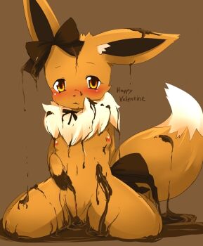 Rule 34 | 1girl, animal ears, blush, bow, breasts, chocolate, eevee, female focus, fox, furry, furry female, gen 1 pokemon, kagerofu, nintendo, nipples, pokemon, pokemon (creature), pussy, solo, tail