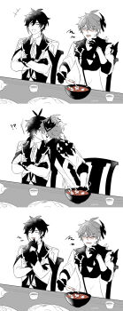 Rule 34 | 2boys, ahog, eating, genshin impact, gils3105, greyscale, highres, image sample, kiss, monochrome, multiple boys, pixiv, pixiv sample, spicy, spoon, tartaglia (genshin impact), tongue, tongue out, white background, yaoi, zhongli (genshin impact)