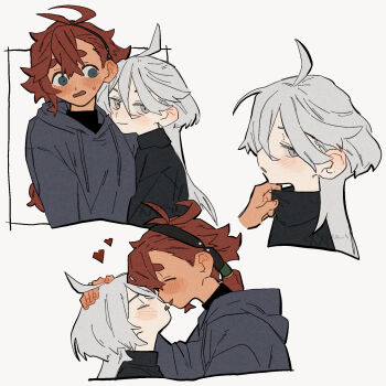 2girls black_hairband black_sweater blue_eyes blush closed_eyes closed_mouth commentary drawstring english_commentary exxska_1 grey_eyes grey_hair grey_hoodie gundam gundam_suisei_no_majo hairband heart highres hood hoodie hug imminent_kiss long_hair miorine_rembran multiple_girls open_mouth red_hair simple_background smile suletta_mercury sweat sweater thick_eyebrows tongue tongue_out white_background yuri