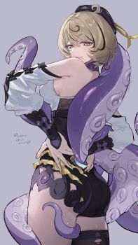 1girl absurdres accessories ass asymmetrical_shorts bare_shoulders black_bow black_hat blonde_hair bow breasts closed_mouth detached_sleeves from_side grey_background hands_on_own_hips hat high-waist_shorts highres looking_at_ass looking_down mole mole_under_mouth monster_girl nekobni octopus octopus_girl purple_eyes scylla short_hair shorts single_thighhigh solo spiral sticker tail tentacle_girl tentacle_grab tentacle_tail tentacles thighhighs torn_clothes torn_thighhighs yellow_pupils yidhari_murphy zenless_zone_zero