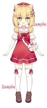 1girl :d absurdres ahoge animal_ears bag beret blonde_hair bow bowtie brown_shoes cat_ears commentary_request commission dress full_body green_eyes hair_intakes hair_ornament hairclip hat highres loafers looking_at_viewer low_twintails open_mouth original parallel_hairclips red_bow red_bowtie red_dress red_hat sailor_collar sailor_dress sample_watermark shoes short_hair shoulder_bag sidelocks simple_background smile solo star-shaped_pupils star_(symbol) star_hair_ornament symbol-shaped_pupils tachi-e thighhighs tian_yang twintails watermark watermark_grid white_background white_sailor_collar white_thighhighs