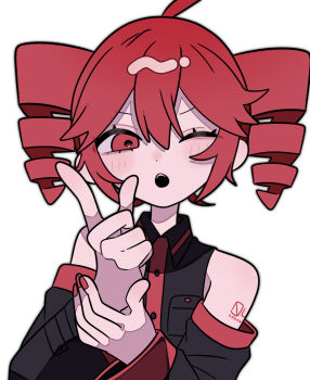 1girl ;o ahoge bare_shoulders black_shirt black_sleeves blush buttons collared_shirt commentary_request detached_sleeves double-parted_bangs drill_hair hair_between_eyes highres kasane_teto kasane_teto_(utau) long_sleeves looking_at_viewer number_tattoo okayu_(okayuyuyu2) one_eye_closed open_mouth pointing red_eyes red_hair shirt short_hair shoulder_tattoo simple_background sleeveless sleeveless_shirt solo tattoo twin_drills upper_body utau white_background