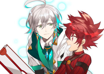 2boys :d ainchase_ishmael blue_hair braid chaofanroom chinese_commentary closed_mouth colored_eyelashes colored_inner_hair commentary_request earrings elsword elsword_(character) god's_agent_(elsword) green_eyes green_vest grey_hair hair_between_eyes hair_over_shoulder highres jewelry knight_(elsword) looking_at_another male_focus multicolored_hair multiple_boys open_mouth red_eyes red_hair red_sweater short_hair simple_background single_braid smile spiked_hair sweater upper_body vest white_background