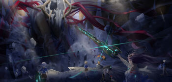 6+girls absurdres aikawa_megumi asakura_karen_(heaven_burns_red) battle black_gloves blonde_hair blue_shirt breasts brown_hair brown_shorts danch331 debris dress dust_cloud gloves glowing glowing_weapon grey_hair hat heaven_burns_red highres holding holding_sword holding_weapon hood hoodie horns izumi_yuki_(heaven_burns_red) jacket kayamori_ruka kunimi_tama long_hair multiple_boys multiple_girls purple_hair rock rubble shirt short_hair shorts skirt sword team_31a_(heaven_burns_red) tiara toujou_tsukasa twintails weapon white_dress white_hair white_shirt