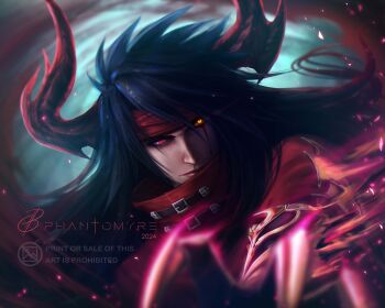 1boy absurdres artist_name black_hair cape claws cloak closed_mouth commentary english_commentary final_fantasy final_fantasy_vii final_fantasy_vii_rebirth final_fantasy_vii_remake headband heterochromia highres horns lips long_hair looking_at_viewer male_focus motion_blur outstretched_arm phantomyre red_cape red_cloak red_eyes red_headband solo spiked_hair transformation upper_body vincent_valentine yellow_eyes