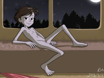 10s 1girl 2018 bad_anatomy blush blush_stickers breasts brown_eyes brown_hair collarbone dated full_moon highres kitsoone kusakabe_satsuki loli looking_at_viewer lying moon navel night nipples nude pussy september short_hair sky small_breasts smile star_(sky) starry_sky studio_ghibli tonari_no_totoro tree window