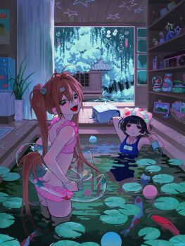2girls absurdres ahoge animal_hat aquapets architecture backpack bag basket bikini black_hair boombox bottle breasts brown_hair cat_hat east_asian_architecture fangs figure fish_tank gyuing666 hair_bobbles hair_ornament hat heisei_retro highres holding holding_bottle indoors innertube jojifuku koi lily_pad long_hair looking_at_viewer multiple_girls open_mouth original petite picture_frame pink_bikini pink_hat pool randoseru school_swimsuit short_hair small_breasts snow_globe swim_ring swimsuit toy twintails unworn_backpack unworn_bag very_long_hair water wind_chime