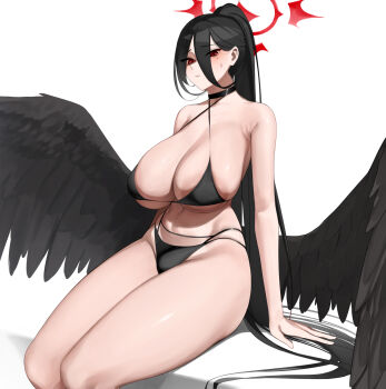 1girl angel_wings areola_slip bare_shoulders bikini black_bikini black_choker black_hair black_wings blue_archive blush breasts choker cleavage closed_mouth commentary_request covered_erect_nipples curvy feathered_wings hair_between_eyes halo hasumi_(blue_archive) highres huge_breasts large_areolae long_hair looking_at_viewer low_wings micro_bikini mole mole_under_eye navel partial_commentary senju_(snz0) simple_background sitting solo stomach swimsuit thick_thighs thighs very_long_hair white_background wings