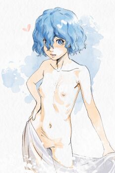 1girl berserk blue_eyes blue_hair breasts butterchalk collarbone freckles heart highres isma loli looking_at_viewer lower_teeth_only navel nipples nude open_mouth short_hair sketch small_breasts solo teeth wavy_hair