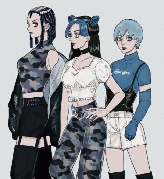 Rule 34 | 3girls, camouflage, camouflage pants, camouflage shirt, character name, commentary, double bun, dreadlocks, ermes costello, foo fighters (jojo), hair bun, jojo no kimyou na bouken, kuujou jolyne, long hair, masakenme, multicolored hair, multiple girls, pants, shirt, short hair, stone ocean, two-tone hair