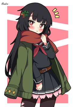 Rule 34 | 1girl, absurdres, artist name, black hair, black pantyhose, black shirt, black skirt, blush, border, bright pupils, cardigan, cardigan on shoulders, closed mouth, commentary request, cowboy shot, girls' frontline, green cardigan, hendra, highres, long hair, long sleeves, looking at viewer, neckerchief, notice lines, outside border, pantyhose, pink background, pleated skirt, red eyes, red neckerchief, red scarf, scarf, shirt, signature, simple background, skirt, solo, standing, type 100 (girls' frontline), white border, white pupils