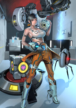 1girl aperture_science_handheld_portal_device atlas_(portal) black_hair breasts chell glados jumpsuit large_breasts long_fall_boots midriff orange_jumpsuit p-body personality_core ponytail portal portal_(series) portal_1 portal_2 smile space_core sugiura_yoshio tank_top sentry_turret_(portal) aperture_science_weighted_companion_cube wheatley