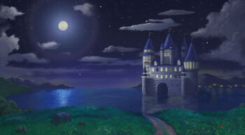 building castle city_lights fantasy fumeshi grass highres lake mountainous_horizon night no_humans original path plant road scenery shore sky