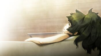 1girl bathing bathroom fainting game_cg green_eyes green_hair highres hiyajou_maho indoors long_hair lying messy_hair nude official_art petite science_adventure steam steins;gate steins;gate_0 wet