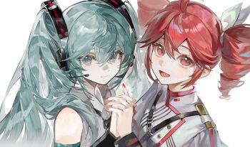 2girls aqua_eyes aqua_hair aqua_nails artist_collaboration commentary_request drill_hair hair_ribbon hatsune_miku headset highres holding_hands interlocked_fingers kasane_teto kasane_teto_(sv) looking_at_viewer multiple_girls qi_xia red_eyes red_hair red_nails red_trim ribbon shenxian_nizhao shoulder_belt simple_background synthesizer_v twin_drills twintails upper_body utau vocaloid white_background white_ribbon