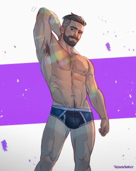 Rule 34 | 1boy, absurdres, armpit hair, arms behind head, artist name, beard, black male underwear, briefs, chest hair, classic fly briefs, closed mouth, facial hair, highres, male focus, male underwear, navel, nintendo, nipples, pectorals, pokemon, pokemon sv, short hair, smile, solo, thedamnthinguy, toned, toned male, topless male, professor turo, undercut, underwear