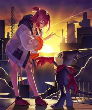 1boy 1girl bandana bandana_around_neck breasts camisole cleavage demon_boy digimon digimon_(creature) digimon_card_game digimon_liberator gloves high_five impmon jacket kazuki_seihou looking_at_another official_art pink_hair purple_camisole purple_eyes red_bandana red_gloves short_hair smile standing sunset white_jacket yuuki_(digimon)