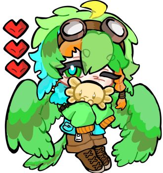 Rule 34 | 1boy, ahoge, animal, animification, axolotl, axolotl (minecraft), bird boy, bird tail, bird wings, boots, braid, braided sidelock, brown boots, brown shorts, chibi, chibi only, chinese commentary, commentary request, fur trim, goggles, goggles on head, green eyes, green hair, green jacket, hardcore heart, head wings, heart, highres, holding, holding animal, humanization, jacket, lifesteal smp, looking at viewer, male focus, minecraft, minecraft youtube, multicolored hair, one eye closed, parrot boy, parrotx2, shorts, simple background, solo, tail, white background, wings, zhinan2778