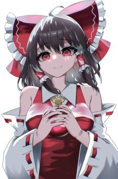 Rule 34 | 1girl, ahoge, apple, armpit crease, ascot, black hair, bow, breasts, closed mouth, collared shirt, commentary request, detached sleeves, food, frilled hair tubes, frills, fruit, hair bow, hair tubes, hakurei reimu, highres, holding, holding food, holding fruit, kiui (dagk8254), long sleeves, looking at viewer, medium breasts, nontraditional miko, red bow, red eyes, red shirt, ribbon-trimmed sleeves, ribbon trim, shirt, short hair, simple background, sleeveless, sleeveless shirt, smile, solo, touhou, upper body, white background, wide sleeves, yellow ascot
