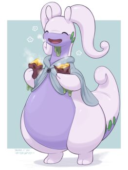 blush border closed_eyes colored_skin commentary dated english_commentary food full_body gen_6_pokemon gomuhimo_(nawataro) goodra green_background highres holding holding_food large_tail nintendo no_humans open_mouth outside_border pokemon pokemon_(creature) purple_skin roasted_sweet_potato shadow simple_background slime_(substance) solo standing sweet_potato tail white_border