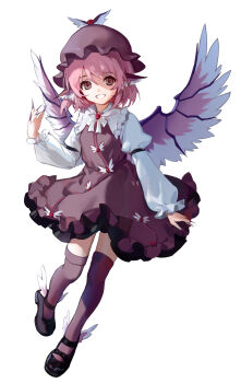 1girl absurdres aliaos animal_earrings ankle_wings bird_girl bird_wings black_shoes brown_dress brown_hat brown_thighhighs commentary_request dress feathered_wings fingernails frilled_hat frilled_sailor_collar frills full_body hat highres long_fingernails long_hair looking_at_viewer mary_janes mystia_lorelei nail_polish neck_ribbon pink_hair ribbon sailor_collar shirt shoes simple_background smile solo thighhighs touhou white_background white_ribbon white_shirt wing_ears wing_hat_ornament wing_ornament wings zettai_ryouiki