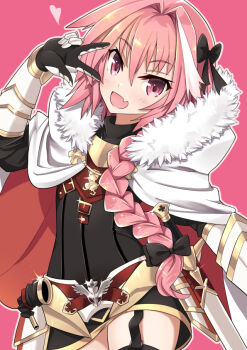 1boy :d astolfo_(fate) black_bow black_dress black_thighhighs blush bow braid cape commentary_request cowboy_shot dress fang fate/grand_order fate_(series) fur-trimmed_cape fur_trim garter_straps hair_between_eyes hair_bow hair_intakes hair_over_shoulder lo_xueming long_hair looking_at_viewer male_focus multicolored_hair open_mouth outline pink_background pink_eyes pink_hair red_cape sidelocks simple_background single_braid skin_fang smile solo standing streaked_hair sword thighhighs thighs trap two-sided_cape two-sided_fabric weapon white_cape white_hair white_outline