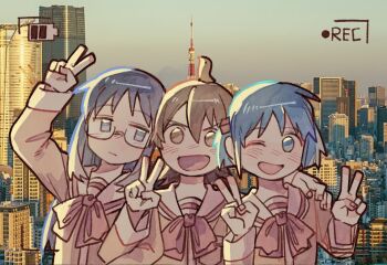 3girls :d aioi_yuuko black_hair blue_eyes blue_hair brown_eyes cube_hair_ornament double_v ezier bad_tag glasses hair_ornament hand_on_another's_shoulder long_hair minakami_mai mogura_(nichijou) multiple_girls naganohara_mio nichijou open_mouth photo_background school_uniform short_hair short_twintails smile tokisadame_school_uniform twintails v viewfinder