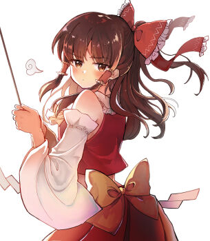 1girl agedashi ascot blonde_hair blush bow brown_hair detached_sleeves frills hair_bow hair_tubes hakurei_reimu highres japanese_clothes long_hair nontraditional_miko red_bow ribbon shirt short_hair simple_background skirt smile solo touhou white_background